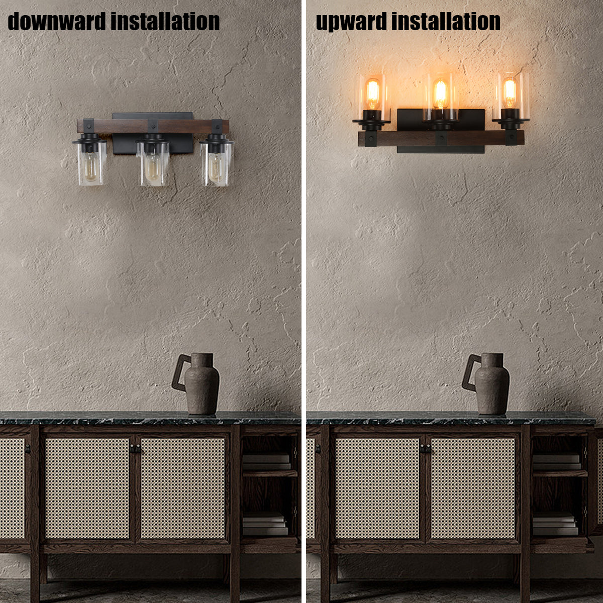 3-Light Vanity Mirror Lighting, Solid Wood Lamp Pole, Iron Base & Lamp Cup Connector, Glass Lampshade, Matte Black Metal Frame with Walnut Finish, Makeup Lights for Dressing Table Bedroom Bathroom Decor