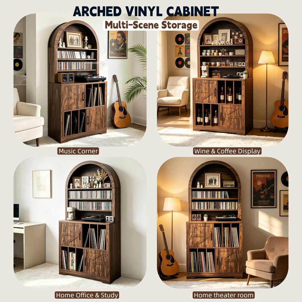 AEELLEEA Arched Vinyl Record Storage Cabinet, Tall Mid-Century Turntable Stand with Doors, Holds 400 LPs, Media Shelf for Living Room