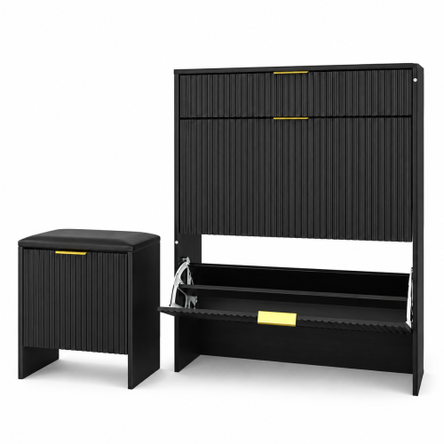 AEELLEEA Fluted Black Shoe Storage Cabinet Set with Padded Shoe Bench, Flip Drawer Narrow Shoe Organizer for Entryway