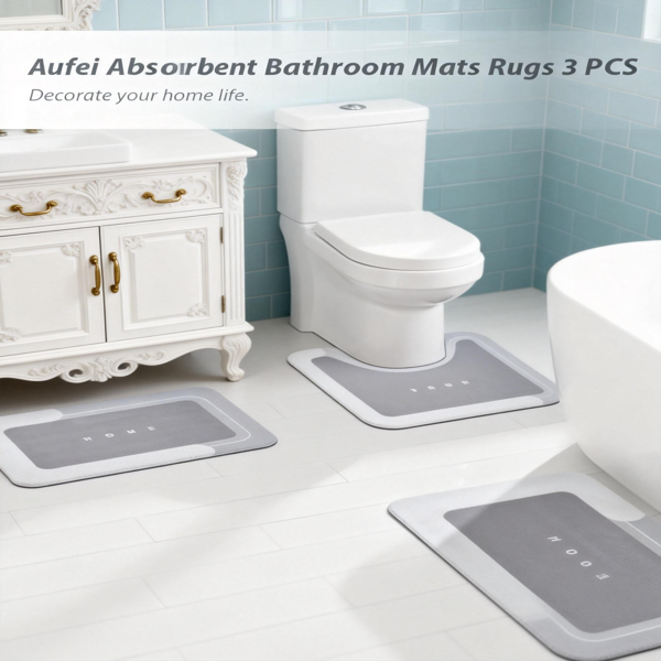 AEELLEEA Diatomite Bathroom Mats Set of 3, Quick Dry Absorbent Non Slip Bath Rugs, U-Shaped Toilet Mat for Bathroom Kitchen
