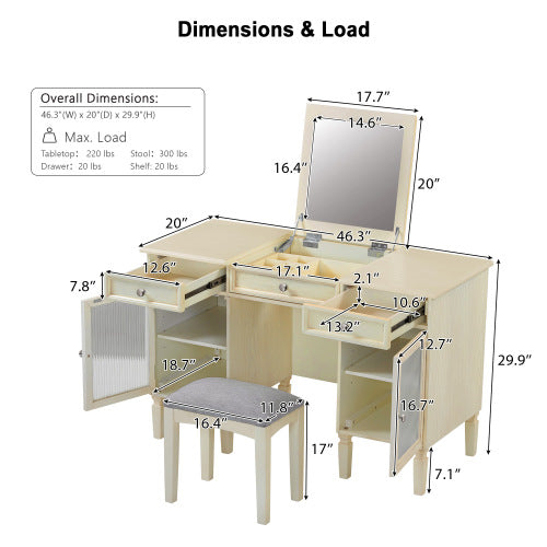 AEELLEEA Vanity Desk with Flip-Top Mirror, Storage Drawers, Side Cabinets and Stool, 46.3-Inch Makeup Desk, Cream