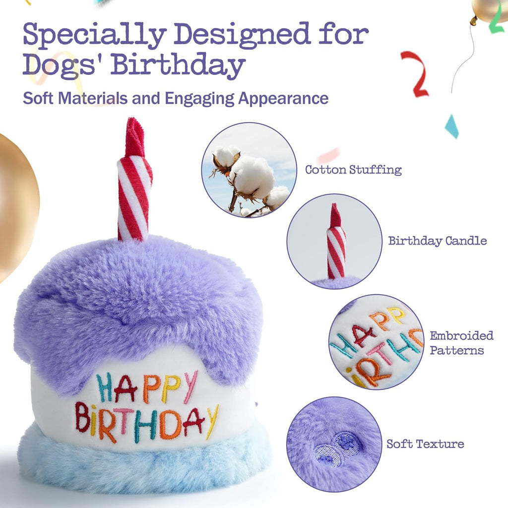 Dog Happy Birthday Cake Toy with Squeaker and Crinkle, Stuffed Plush Puppy Present for Birthday Party, Dog Toy for Small Medium