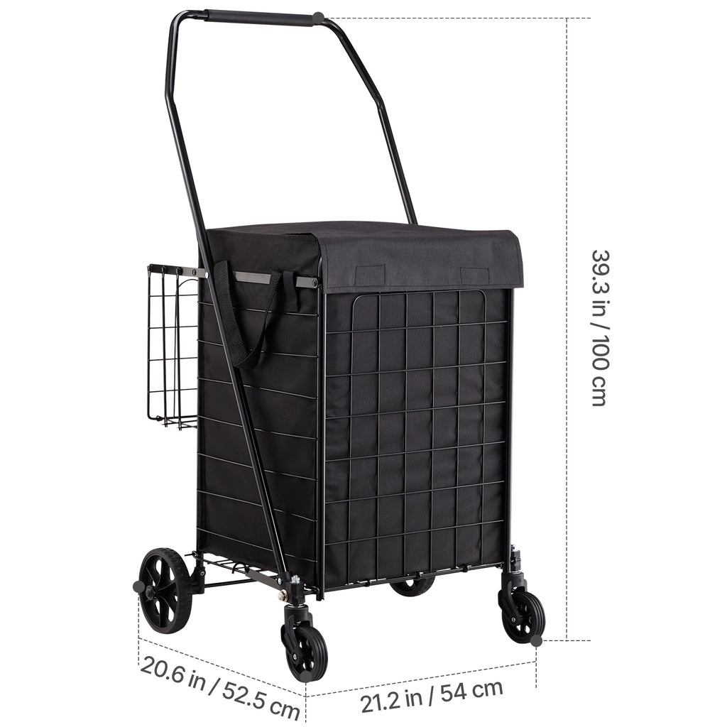 Shopping Cart, Folding Grocery Utility Cart with Dual Baskets, Waterproof Liner & Wheels, 100 LBS Large Load Capacity, Heavy Duty Laundry Basket for Laundry, Shopping, Camping, Grocery, Luggage