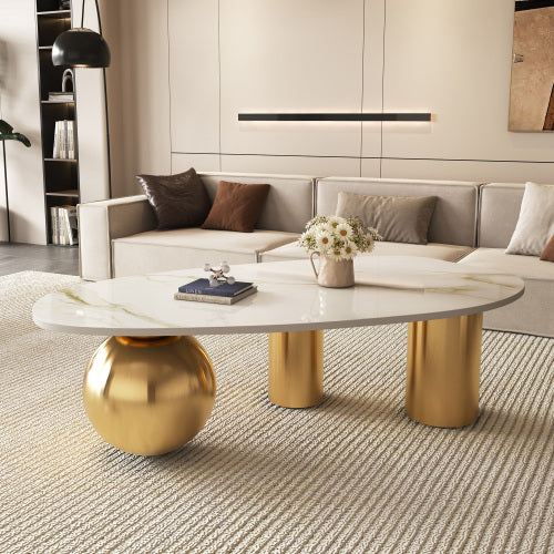 Coffee Table 49.2 Inch, Free Form Marble Look Table with Gold Ball Base and Pillar Legs, Modern Luxury Center Table