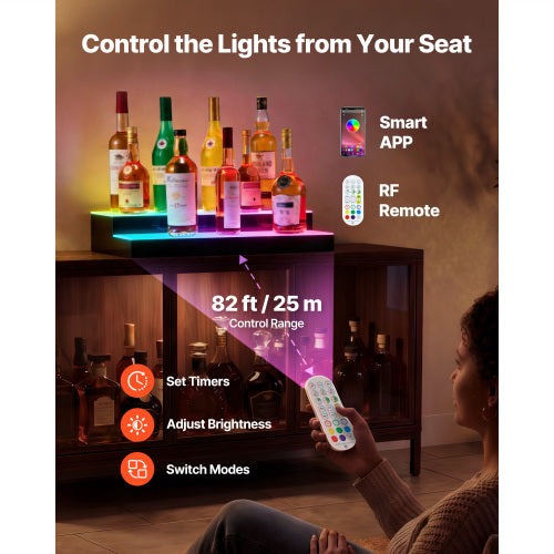 2 Tier 30 Inch LED Liquor Bottle Display, Lighted Acrylic Bar Shelf with RF Remote and APP Control, 9 Colors