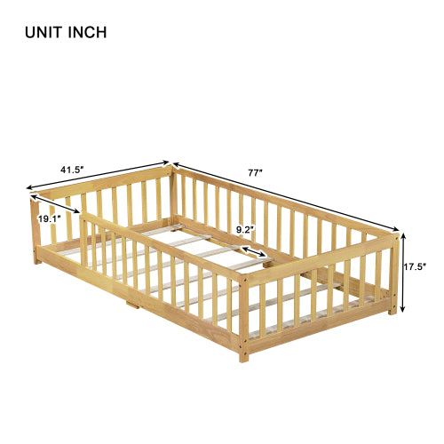 AEELLEEA Twin Size Montessori Floor Bed with Guardrails, Wooden Kids Bed Frame with Low Entry and Slats, Natural Wood