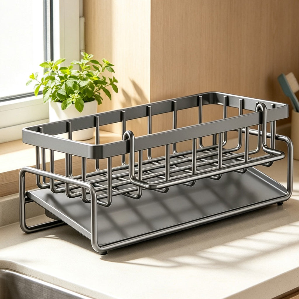 AEELLEEA-Metal Kitchen Sink Caddy Organizer, Swivel Drain Sponge Holder for Countertop, No Drill Sink Side Storage Rack