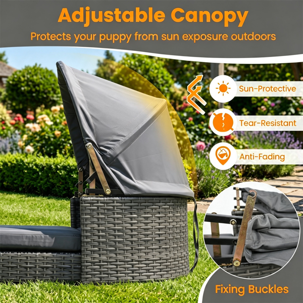 Outdoor Pet Lounge Bed with Canopy, Rattan Dog Chaise Lounge Chair with Adjustable Sun-Protective Canopy and Soft Cushion, 165 lbs for Medium Large Dogs