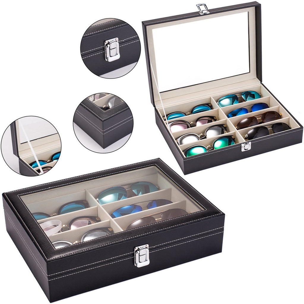 AEELLEEA-Leather Multi Sunglasses Organizer for Women & Men, Eyeglass Display Storage Box with 8 Slots, Black Eyewear Holder for Sunglasses Collection