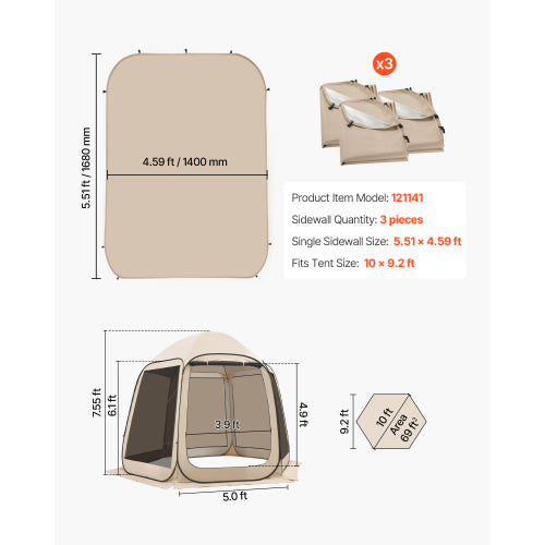 Pop Up Tent Sidewalls 3 Pack, Screen House Side Wall Panels 5.51 x 4.59 ft for 10 x 9.2 ft Canopy, Outdoor Shade Privacy Wind
