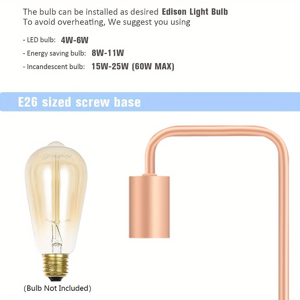 Rose Gold Desk Lamp - Edison Desk Lamp - Industrial Bedside Lamp For Bedroom, Living Room, Dormitory - Small Metal Lamp For Reading, Nightstand, Dressing Table