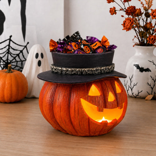 AEELLEEA Halloween Pumpkin Candy Bowl with Top Hat, Resin Jack O Lantern Tabletop Storage Holder for Home Party Decor
