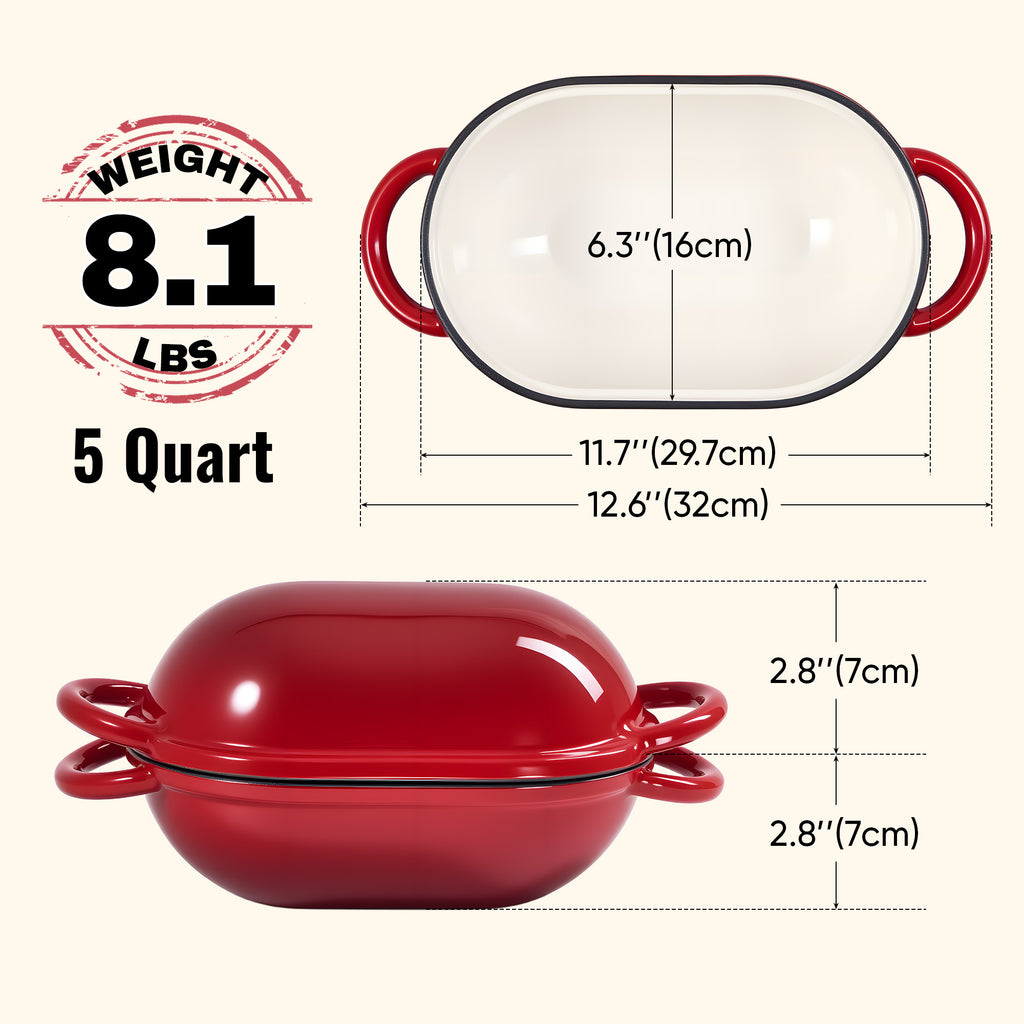 5 Quart Enamel Coated Cast Iron Bread Baker Dutch Oven with Lid, Dual Handles,  Available in 3 Colors