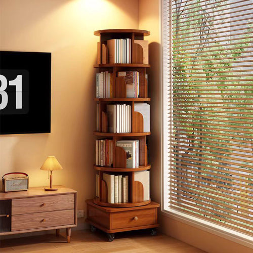 AEELLEEA 6-Tier 360° Rotating Bookshelf with Wheels & Storage Drawer, Wood Corner Bookcase Organizer for Bedroom Living Room Study, Walnut Brown