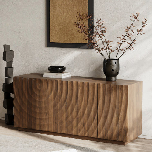 AEELLEEA 59" Modern Walnut Sideboard Buffet Cabinet with 4 Doors, Wave Pattern Storage Cabinet for Dining Room and Living Room
