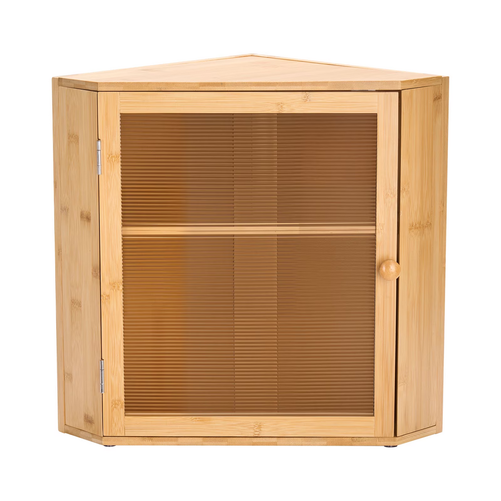 AEELLEEA Natural Bamboo Corner Bread Box for Kitchen Counter, Double Layer Storage Cabinet with Wave Acrylic Door, Adjustable Shelf