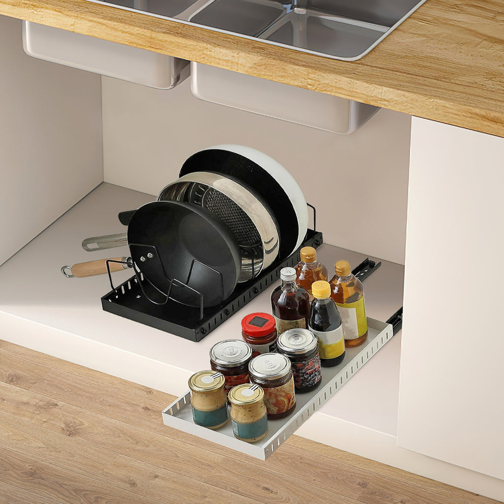 Pull Out Pot Pan Organizer for Cabinet, 8 Adjustable Dividers, Drill-Free Slide Cookware Rack for Pots Lids Dishes, Premium Carbon Steel
