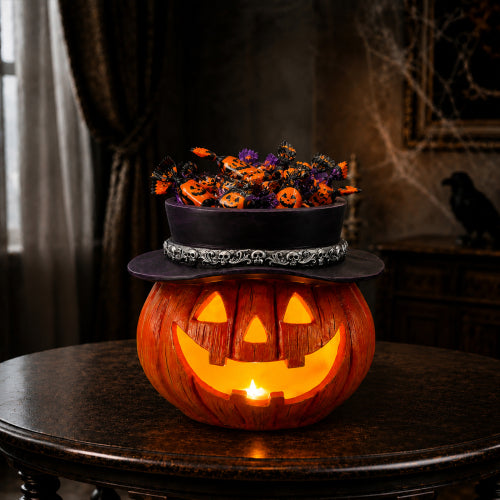 AEELLEEA Halloween Pumpkin Candy Bowl with Top Hat, Resin Jack O Lantern Tabletop Storage Holder for Home Party Decor