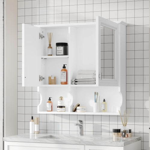 Wall Mounted Storage Cabinet with Mirror, White Bathroom Medicine Cabinet with Adjustable Shelf, Wall Cabinet for Bedroom