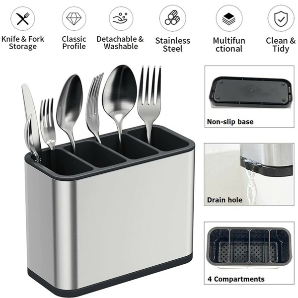 Stainless Steel Cutlery Holder, 4 Compartment Knife Fork Spoon Organizer with Drain Hole, Removable Non-Slip Kitchen Utensil Caddy for Countertop Drawer