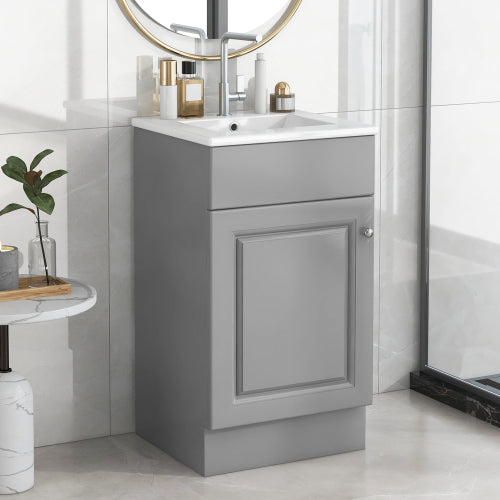 Gray Bathroom Vanity with Sink 18 Inch, Freestanding Small Bathroom Cabinet with Ceramic Basin, Soft Close Door