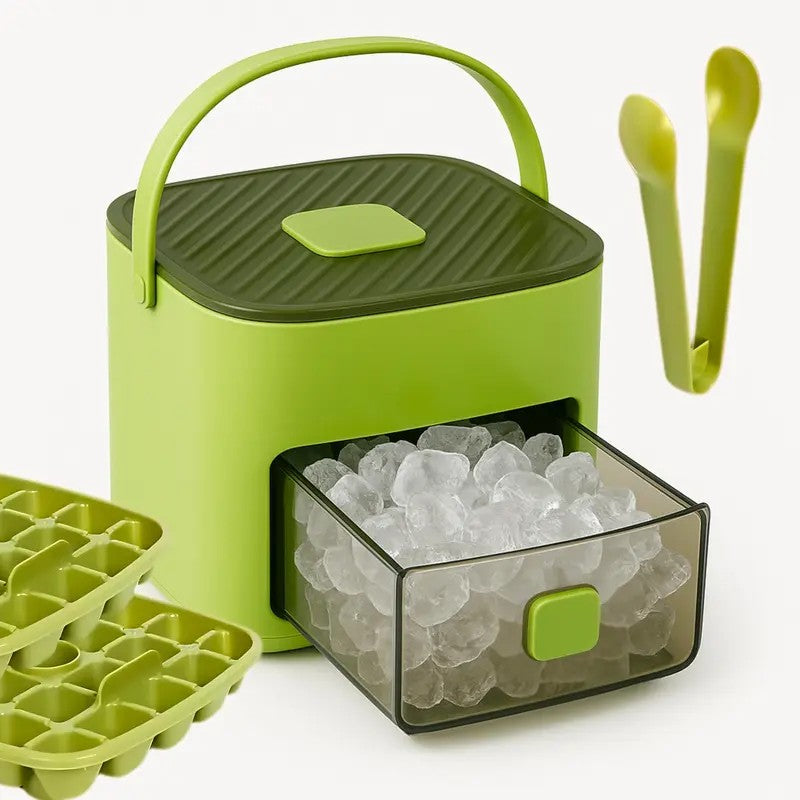 ce Cube Tray with Lid and Storage Bin, Ice Trays for Freezer, Reusable Ice Maker Mold with Ice Container and Ice Tongs, Green