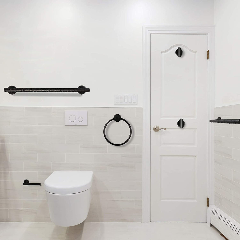 AEELLEEA Matte Black Bathroom Hardware Set, 6-Piece Metal Towel Bar Towel Ring Toilet Paper Holder Robe Hooks, Wall Mount Bath Accessories