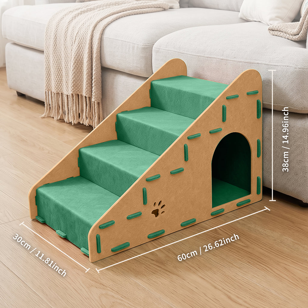 4-Step Felt Pet Stairs with Hideaway Cave, Non-Slip Dog Cat Ramp Steps for Sofa Bed, Small Pet Climbing Ladder