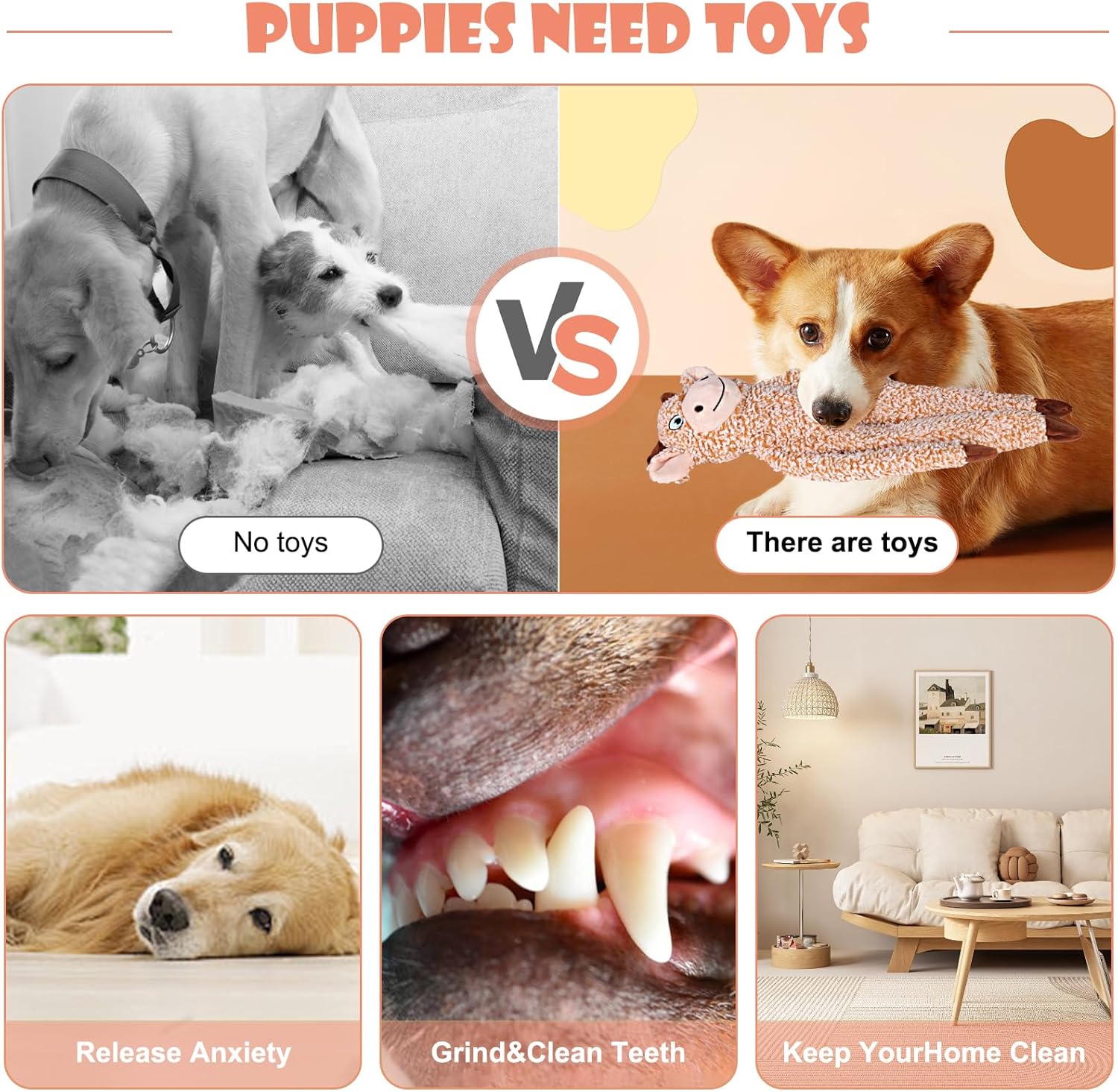 No Stuffing Dog Toys for Large Dogs, 5 Pack Squeaky Crinkle Interactive Dog Animals, Plush Teething Toys to Keep Them Busy, Cute Funny Dogs Gifts for Small Medium Large Breed