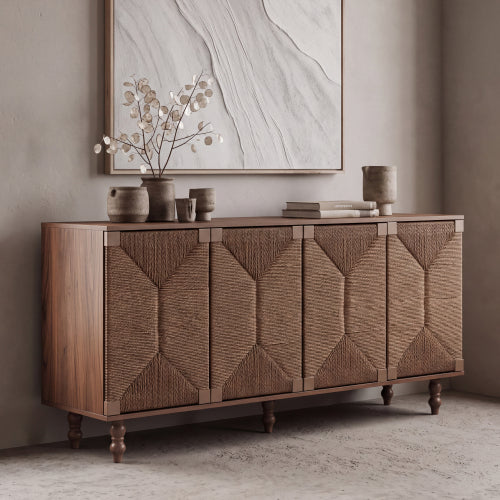 AEELLEEA 59" Walnut Brown Sideboard Buffet Cabinet with 4 Textured Doors, Farmhouse Storage Cabinet with Shelves for Dining Room