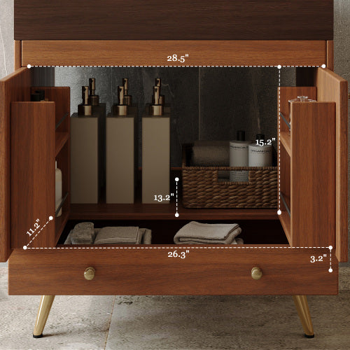 Bathroom Vanity with Sink, Wood Freestanding Vanity with Double Doors and Drawers, Modern Brown Bathroom Cabinet