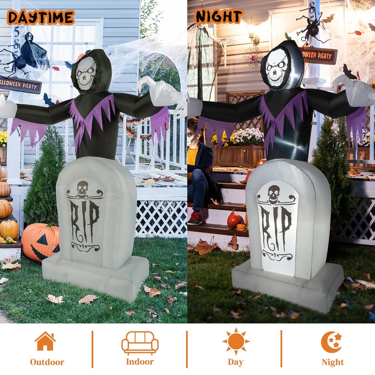 6ft Halloween Inflatable Grim Reaper with Grave, 3 LED String Lights, 12V Waterproof Outdoor Yard Lawn Decoration with Stakes & Sandbags