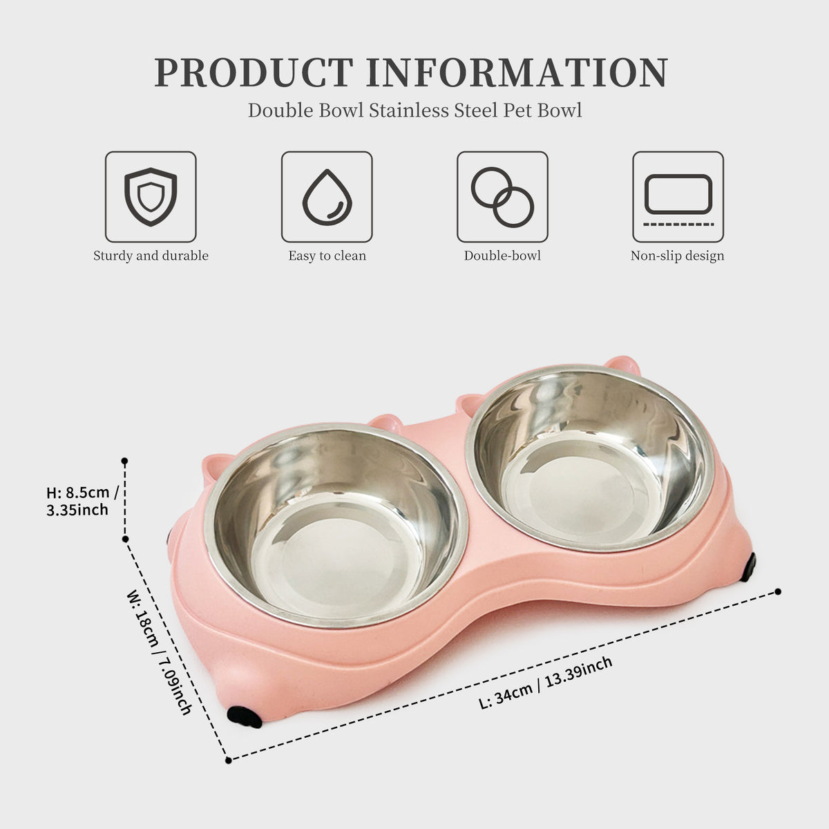 Stainless Steel Double Pet Bowl with Non-Slip Base, 15° Ergonomic Tilt, Food & Water Bowls for Cats and Small Dogs, White Bear