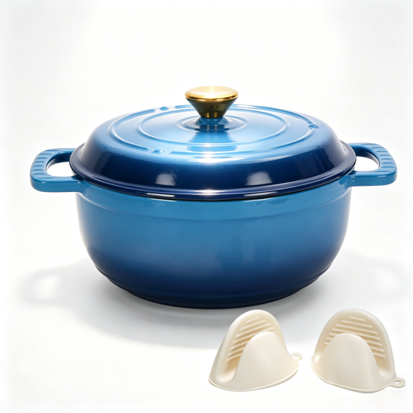 Aeelleea 5QT Enameled Cast Iron Dutch Oven with 2 Silicone Oven Mitts, Gradient Blue Cooking Pot for Family Dinners, Holiday Cooking & Housewarming Gift