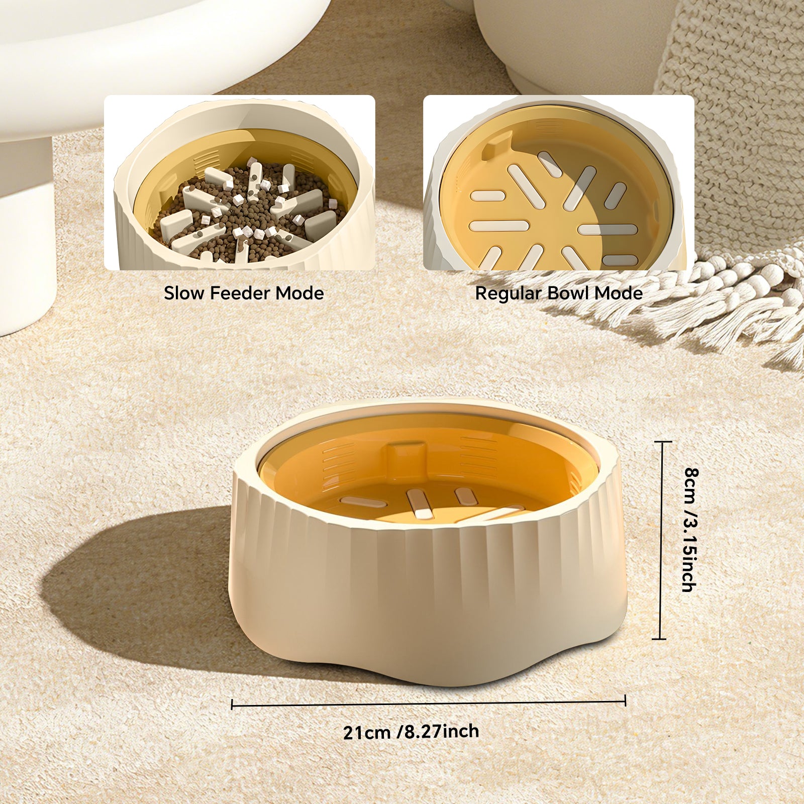 2-in-1 Convertible Slow Feeder Dog Bowl, Regular and Slow Mode for Fast Eaters, Anti-Bloat, Interactive Puzzle, Non-Slip for Small Medium Large Breed Dogs, Cats, Puppies, Pets, Creamy White