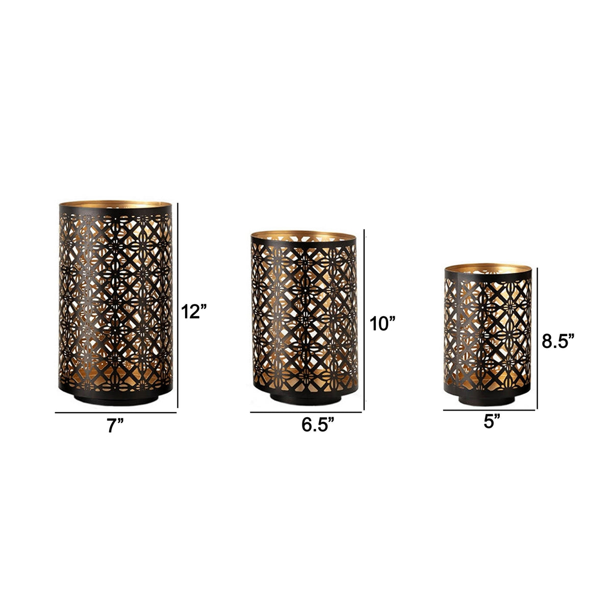 AEELLEEA Set of 3 Metal Lantern Candle Holders, Moroccan Lattice Cutout, Black & Gold Hollow Candle Decor for Entryway Table