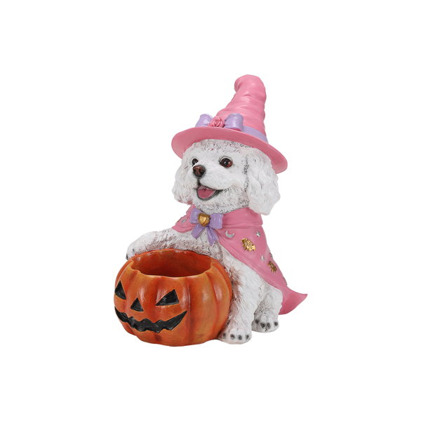 Halloween Dog Figurine with Pumpkin Candy Bowl, 12.6" Cute Witch Dog Statue Candy Dish for Halloween Home Table Porch Decor, Holiday Gift