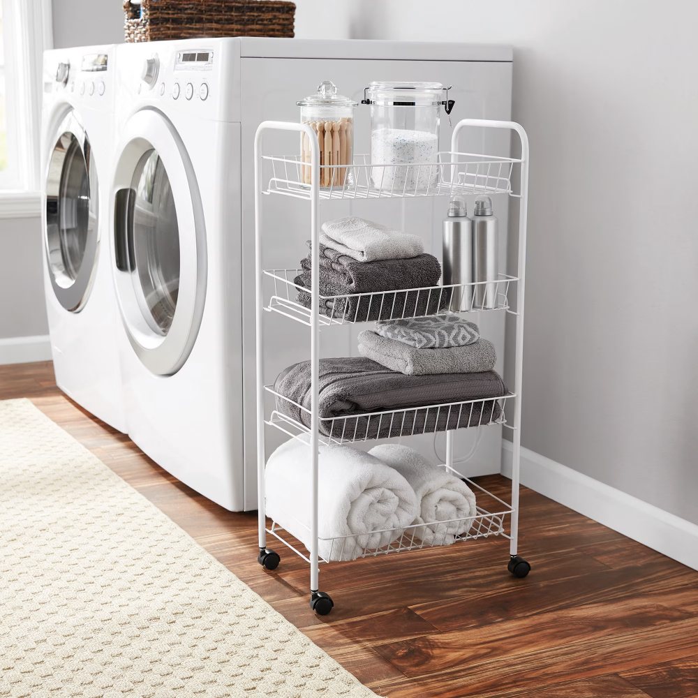 AEELLEEA 4-Tier Rolling Metal Wire Basket Cart, White Mobile Storage Organizer with Wheels, Utility Rack for Bathroom, Laundry & Kitchen