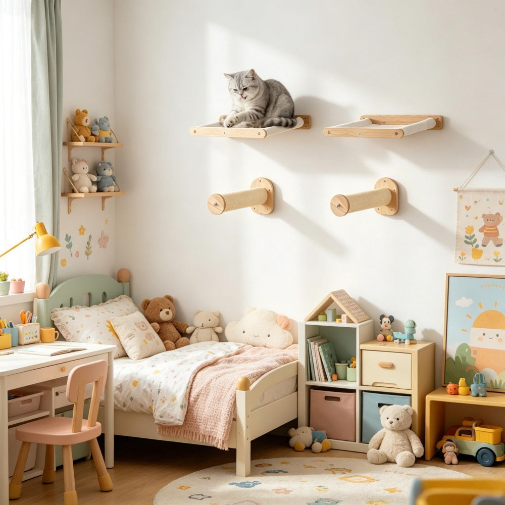 Wall Mounted Cat Shelf Set, Cat Wall Perch Hammock & Sisal Scratching Posts for Indoor Cats