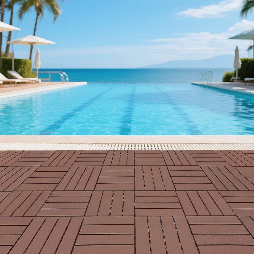 AEELLEEA 12 Inch Brown PP Interlocking Deck Tiles, 44 Pack Waterproof Patio Flooring Tiles, Non-Slip Drainage Outdoor Decking for Backyard Poolside Balcony