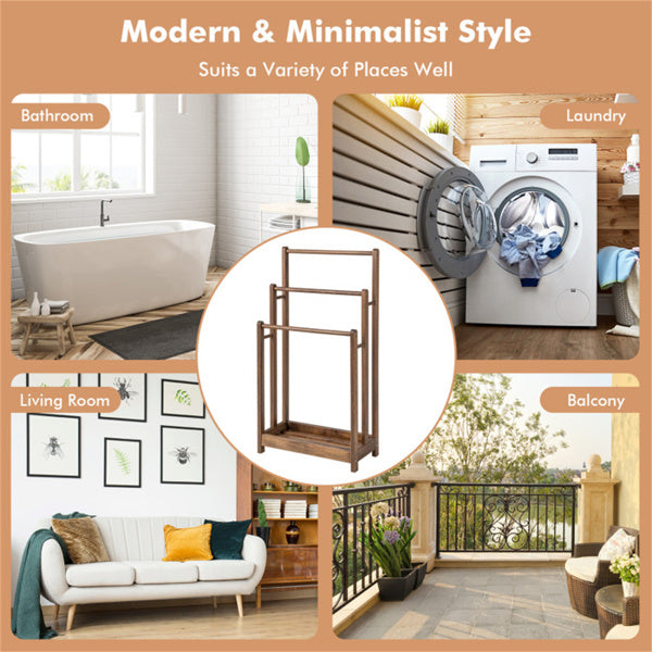 Towel Rack Stand 3 Tier, Brown Solid Wood Freestanding Towel Ladder with Shelf, Anti Toppling Towel Rack for Bathroom Laundry
