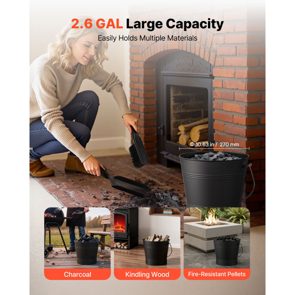 AEELLEEA 2.6 Gal Fireplace Ash Bucket with Lid, Shovel, Brush and Gloves, Metal Coal and Firewood Storage Pail, Black