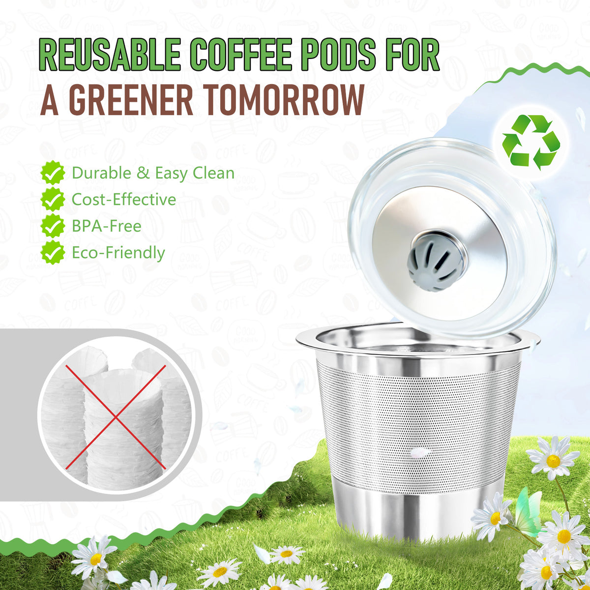 AEELLEEA 2 Pack Reusable K Cups, 304 Stainless Steel Coffee Pods with Scoop Brush Storage Box for 1-Prong Keurig