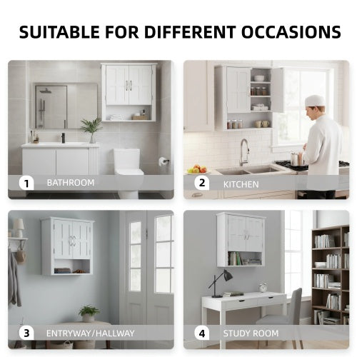 Wall Mounted Cabinet, White Storage Cabinet with Adjustable Shelves and Silver Handle, Bathroom Kitchen Organizer
