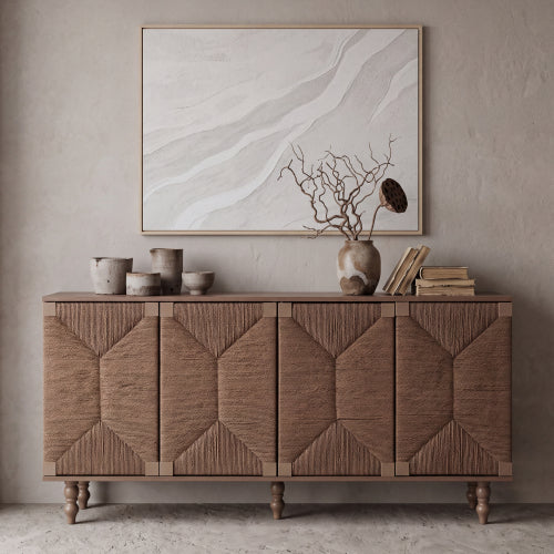 AEELLEEA 59" Walnut Brown Sideboard Buffet Cabinet with 4 Textured Doors, Farmhouse Storage Cabinet with Shelves for Dining Room