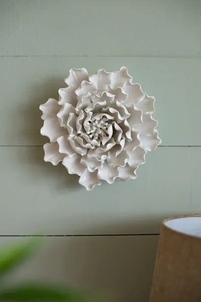 Handmade Cream Ceramic Flower Wall Decor 7.3×2.8 Inch, 3D Sculptural Floral Wall Art for Living Room Bedroom Home Decor