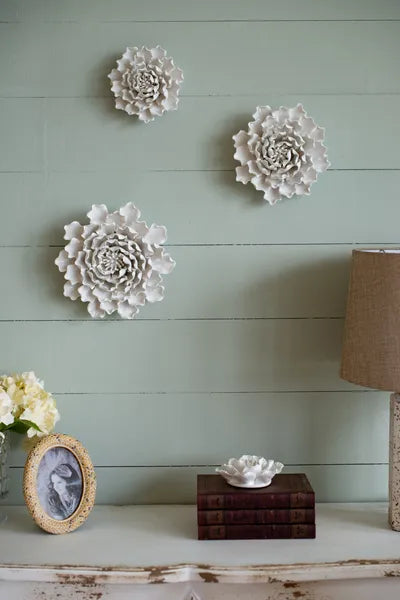 Handmade Cream Ceramic Flower Wall Decor 7.3×2.8 Inch, 3D Sculptural Floral Wall Art for Living Room Bedroom Home Decor