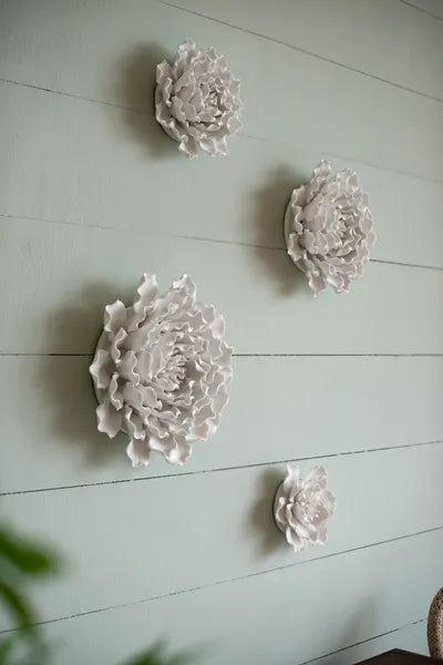 Handmade Cream Ceramic Flower Wall Decor 7.3×2.8 Inch, 3D Sculptural Floral Wall Art for Living Room Bedroom Home Decor