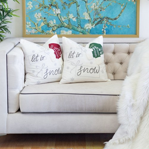 AEELLEEA Let It Snow 20x20in Christmas Throw Pillow, Cotton Cushion with 3D Knit Hat Embroidery, Cover & Insert for Holiday Decor