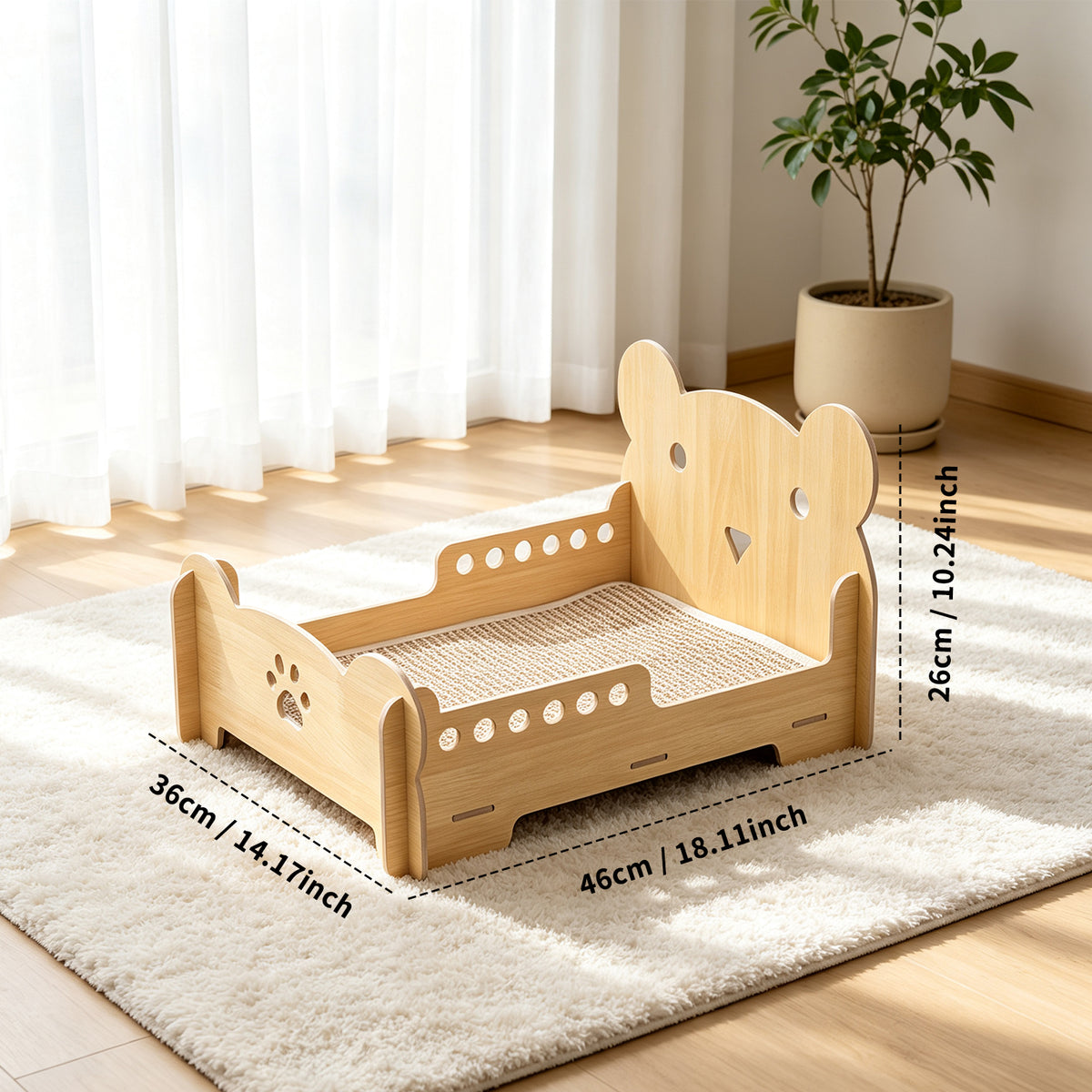 Bear Head Wooden Cat Scratcher Bed, Elevated Cat Lounge Bed with Sisal Mat, Furniture Protector for Small Cats & Dogs